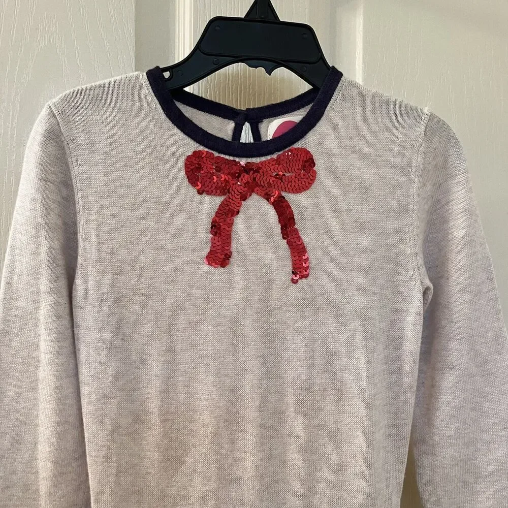 Mini Boden Tiered Ruffle Sequin Bow Sweater Knit Dress Christmas Girls Size 4-5